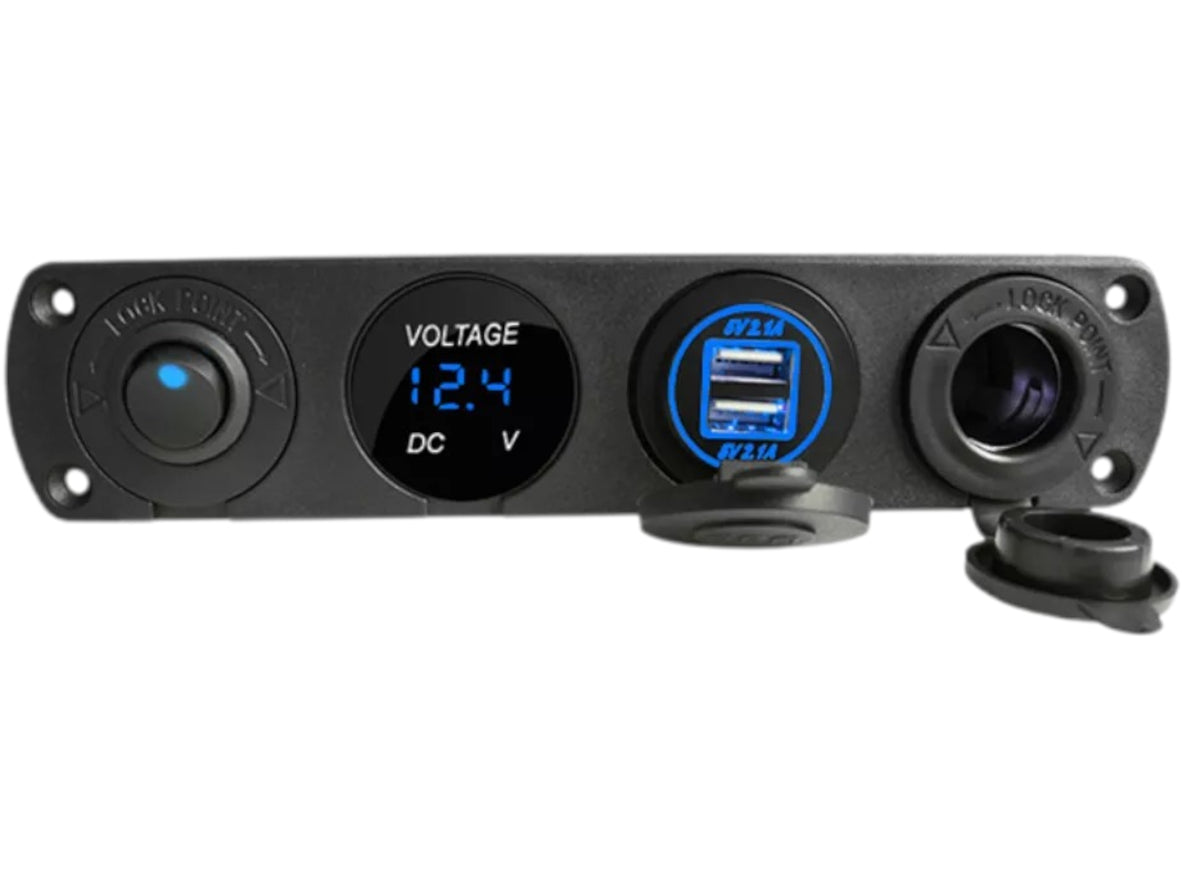 4-in-1 12V Car Cigarette Lighter Socket Panel with Dual USB Charger, Voltage Meter & Rocker Switch