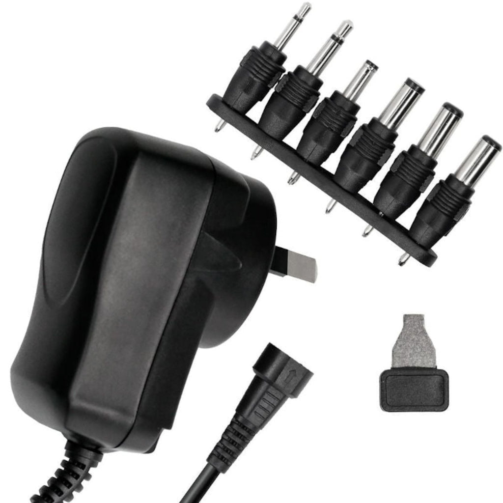 An image of a New Zealand Approved Universal Power Supply with a range of interchangeable tips