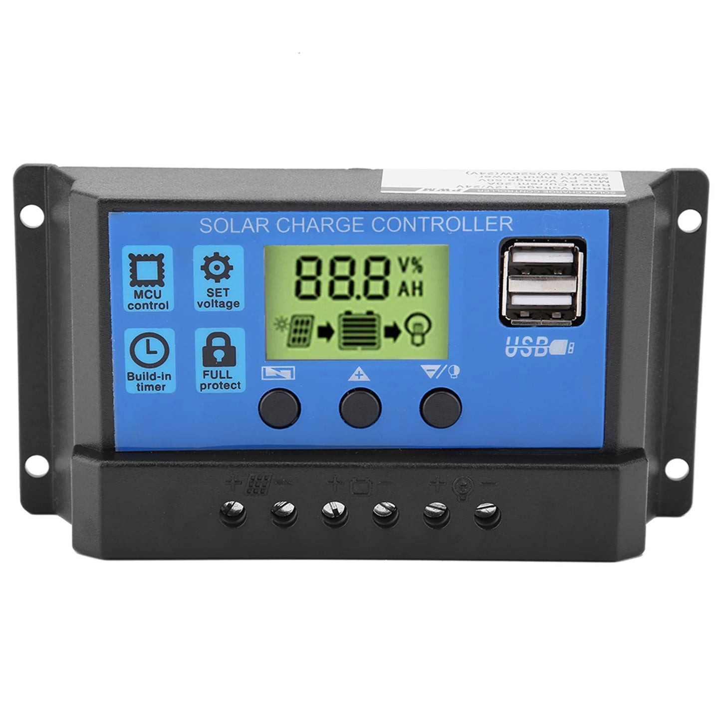 20A 12V/24V PWM solar charge controller with LCD display and dual USB ports