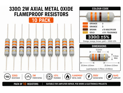 330Ω 2W Axial Metal Oxide Flameproof Resistors 10 Pack