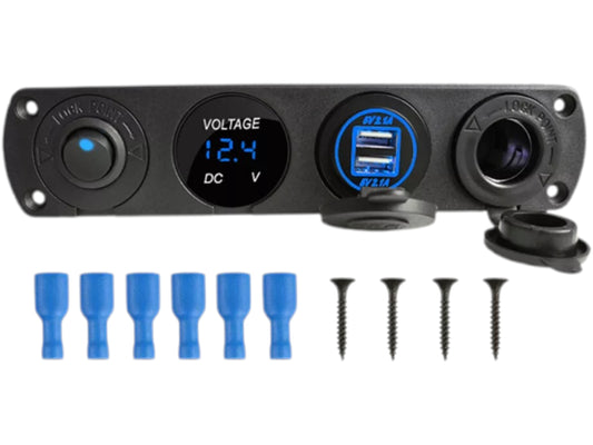 4-in-1 12V Car Cigarette Lighter Socket Panel with Dual USB Charger, Voltage Meter & Rocker Switch