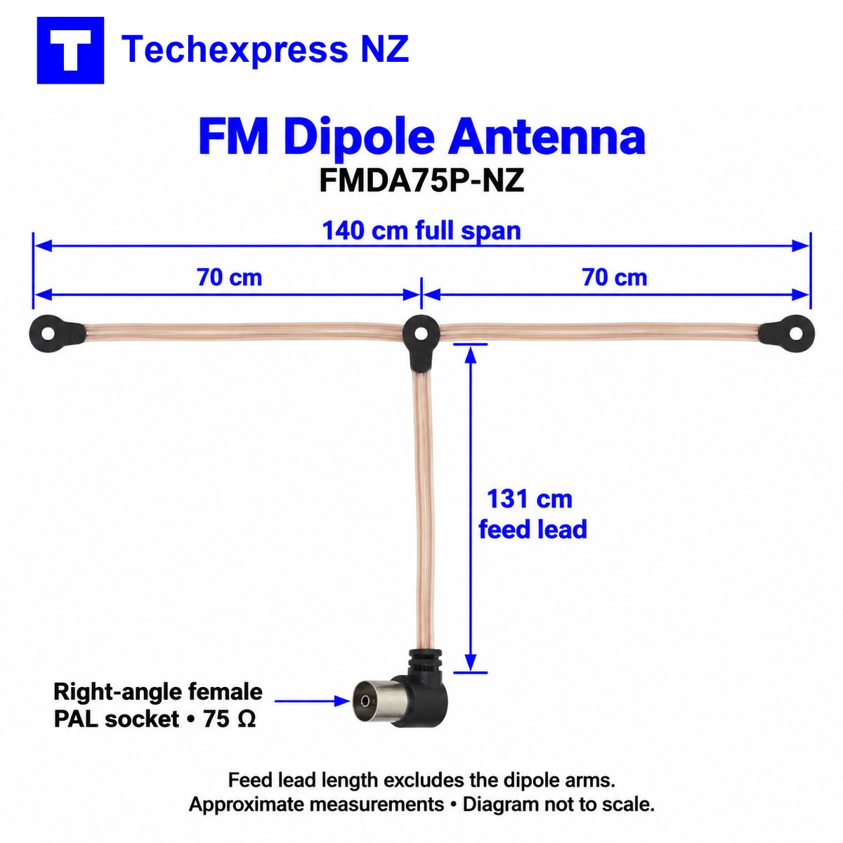 FM Radio Dipole Antenna with Female 75 Ohm PAL Connector