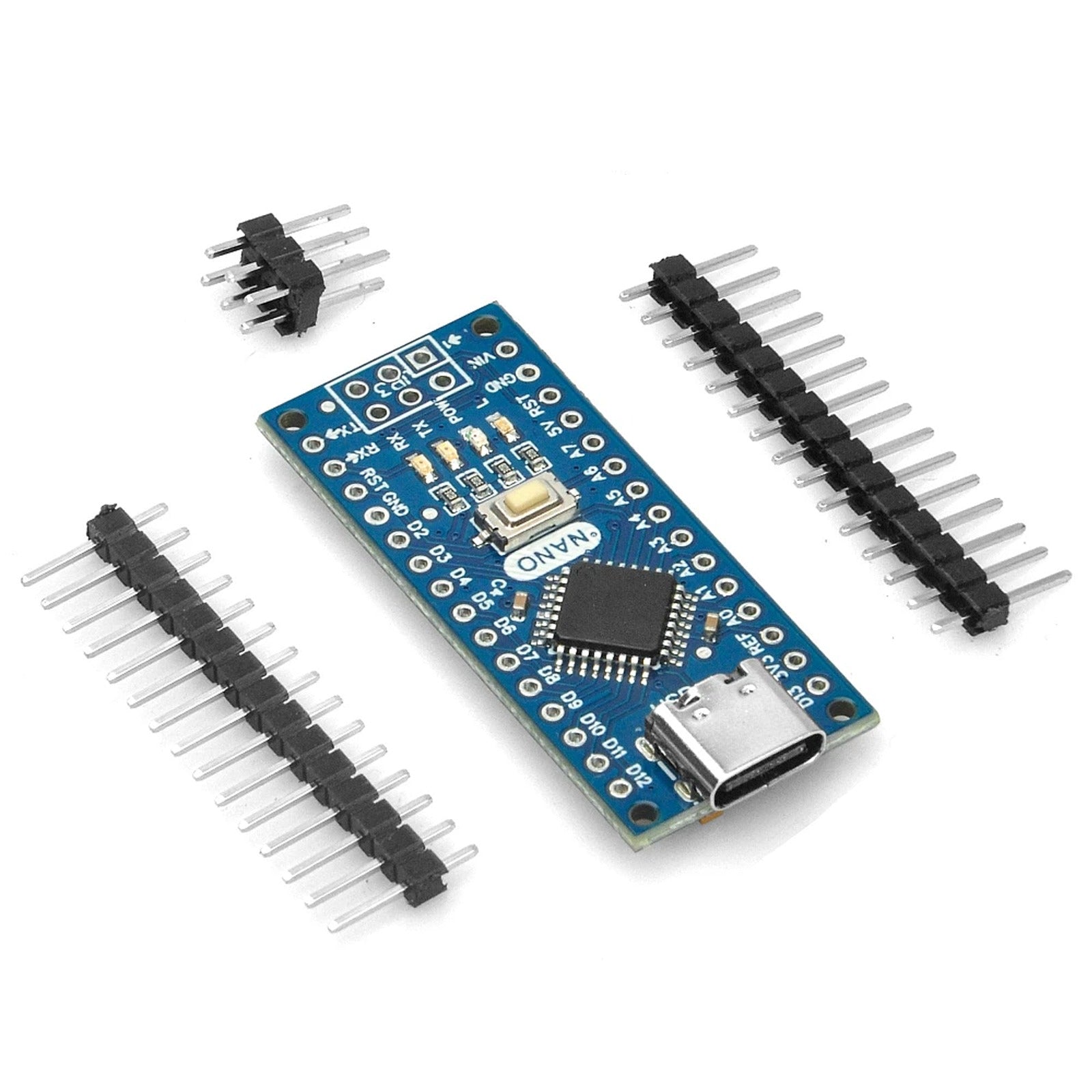 ATmega328P Nano V3.0 USB-C development board with loose unsoldered header strips