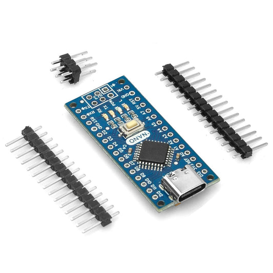 ATmega328P Nano V3.0 USB-C development board with loose unsoldered header strips