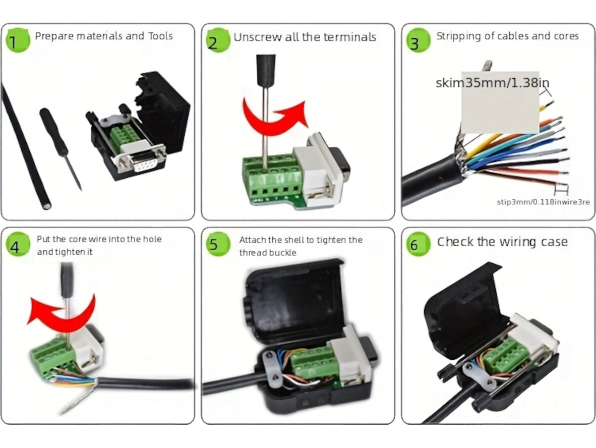 DB9 RS232 Female to Screw Terminal Adapter with Hood – 9-Pin DE-9 Serial Breakout Connector