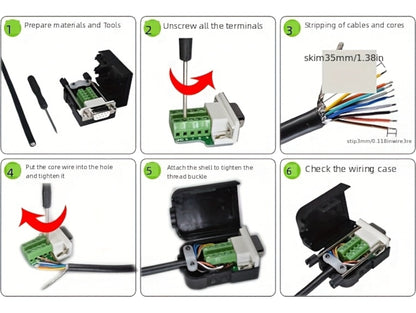 DB9 RS232 Female to Screw Terminal Adapter with Hood – 9-Pin DE-9 Serial Breakout Connector