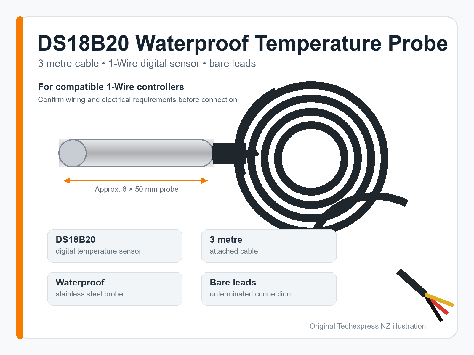 DS18B20 waterproof temperature sensor probe with 3 metre cable and bare leads