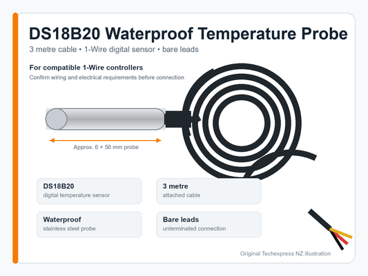 DS18B20 waterproof temperature sensor probe with 3 metre cable and bare leads