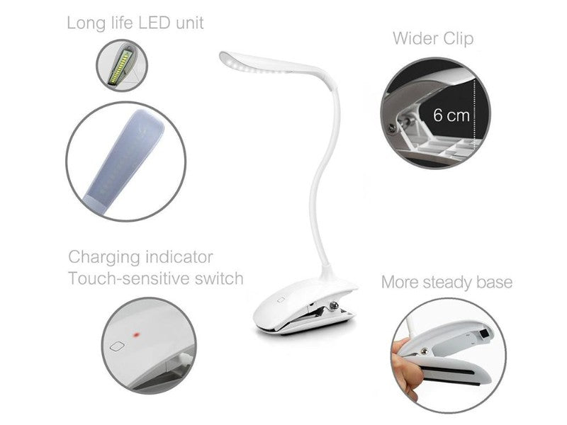Rechargeable Clip-On LED Desk Lamp w/ 3 Brightness
