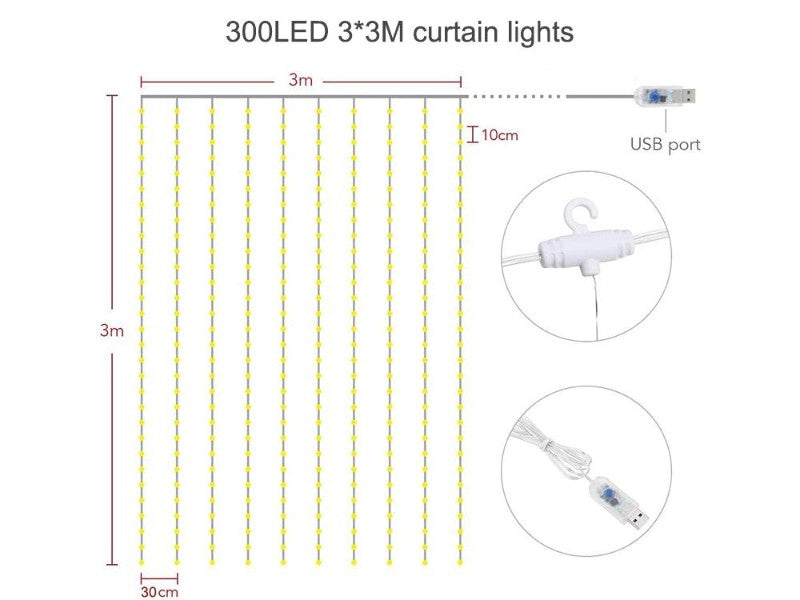 LED Curtain Lights Curtain String Lights 300LED