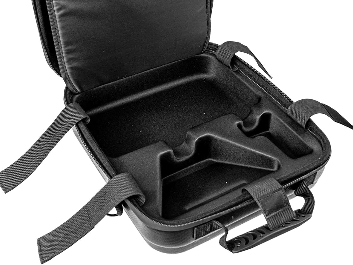 Side-angle view of the open Starlink Mini hard case showing the deep protective molded base, interior security straps, and metal D-ring attachment points for the shoulder strap.