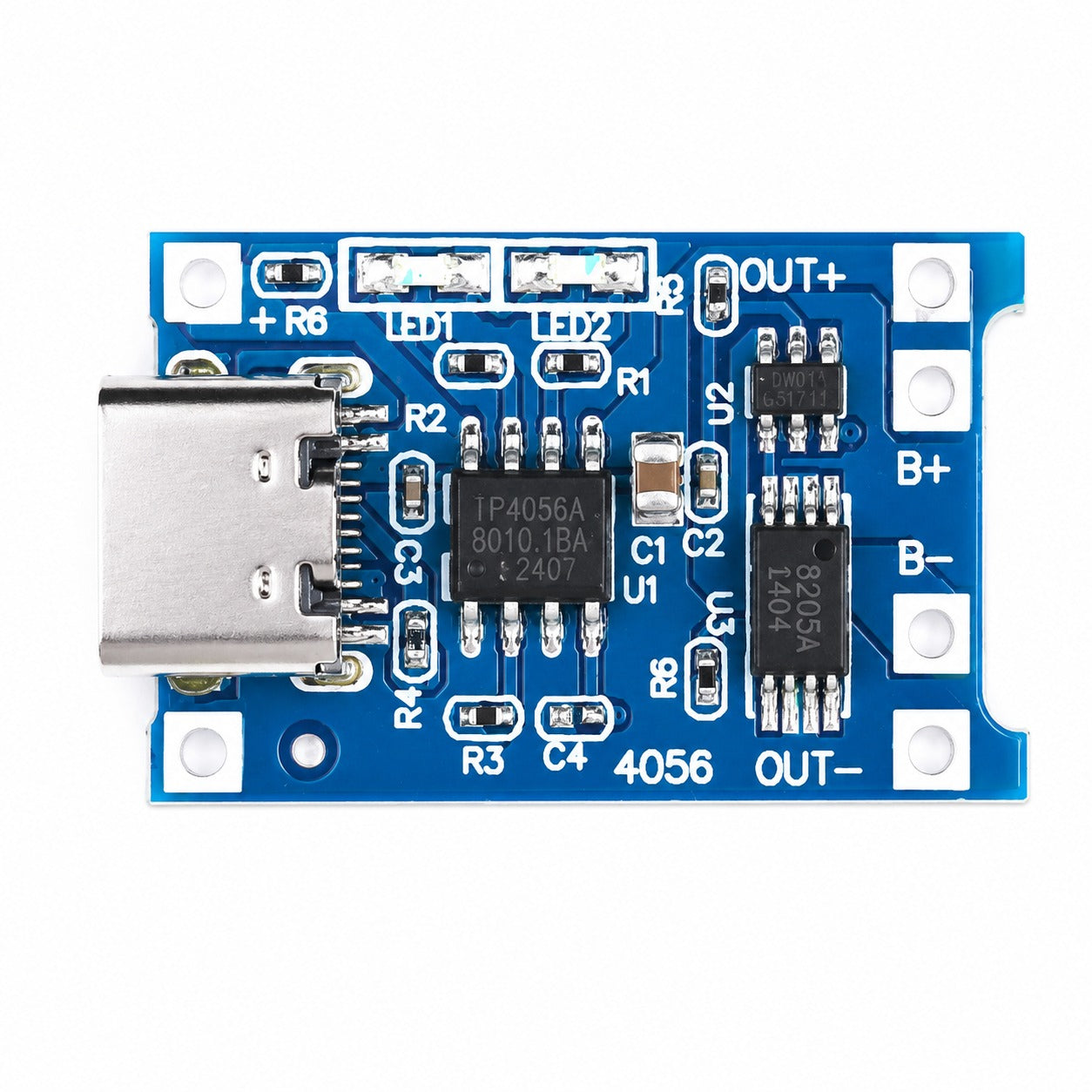 TP4056 USB-C 1S charger module component side showing USB-C, B+, B-, OUT+ and OUT- terminals