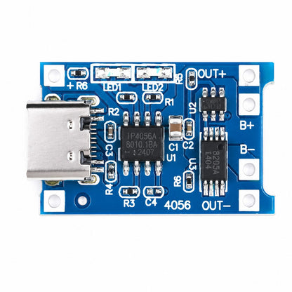 TP4056 USB-C 1S charger module component side showing USB-C, B+, B-, OUT+ and OUT- terminals