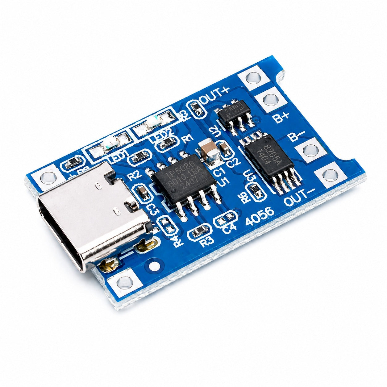 TP4056 USB-C 1S lithium battery charger module with protection – angled front view