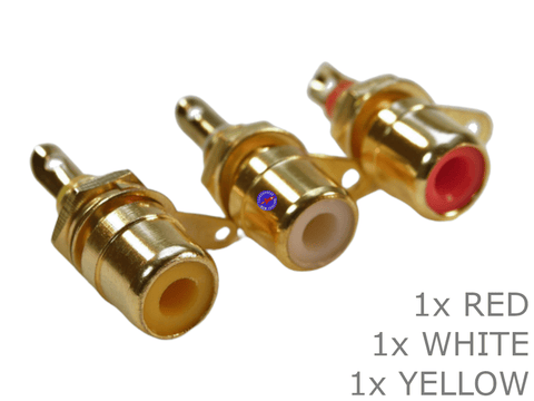 3 Piece combo Kit of 1x Yellow, 1x White, 1x Red Gold Panel RCA Phono Connectors - techexpress nz