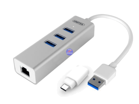USB 3.0 3 Port + Gigabit Ethernet Aluminium Hub with USB Type-C Adaptor - techexpress nz